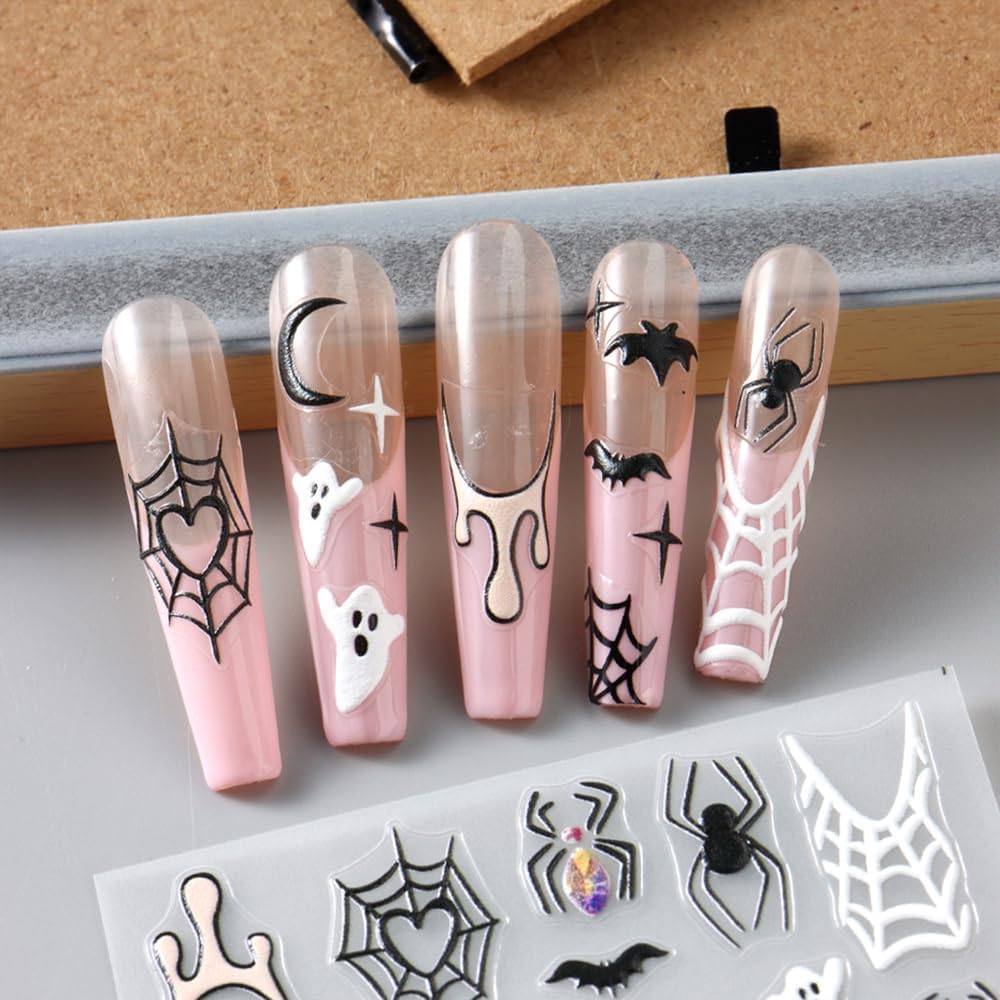3 Sheet Halloween Nail Stickers Ghost Bat Spider Nail Decals 3D Self-Adhesive Spider Web Spooky Bat Spider Nail Art Stickers Design Gothic Nail Art Supplies for Holiday Acrylic DIY Nail Decoration-Velvo Beauty