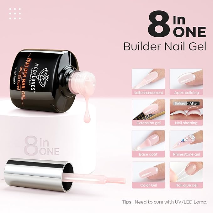 modelones Builder Nail Gel, 8-in-One Cover Nude Builder, LED Lamp Cured Thickening Apex Building Strengthener Extension Rubber Color Base Gel Polish Glue in a Bottle for Home DIY Salon Girls-Velvo Beauty