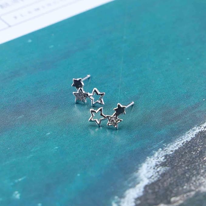 Bohemia Star Climber Crawler Earrings Silver Crystal Star Ear Climber Earrings Cluster Star Studs Earring Festival Earrings Jewelry for Women and Girls (Silver)-Velvo Beauty