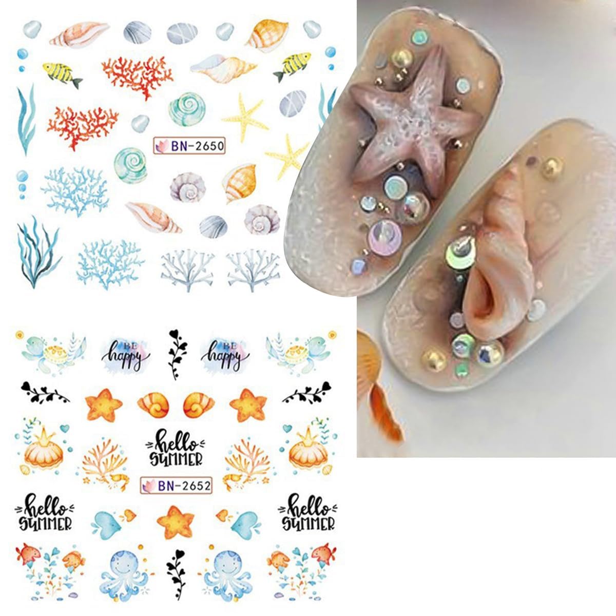 Summer Nail Art Stickers 12 Sheets Seashell Starfish Water Transfer Foils Decals Jellyfish Shells Sea Turtles Seahorses Design Acrylic Ocean Theme Supplies for Women DIY Decor-Velvo Beauty