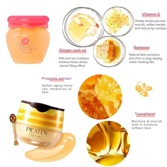 Lip Plumper Lip Mask Set, Bee Balm Lip Balm Honey Pot, Lip Plumper Gloss Lip Injection Honey Moisturizing Lip Sleeping Mask, Hydrating & Prevention Dry and Cracked Lip Scrubs Exfoliator-Velvo Beauty