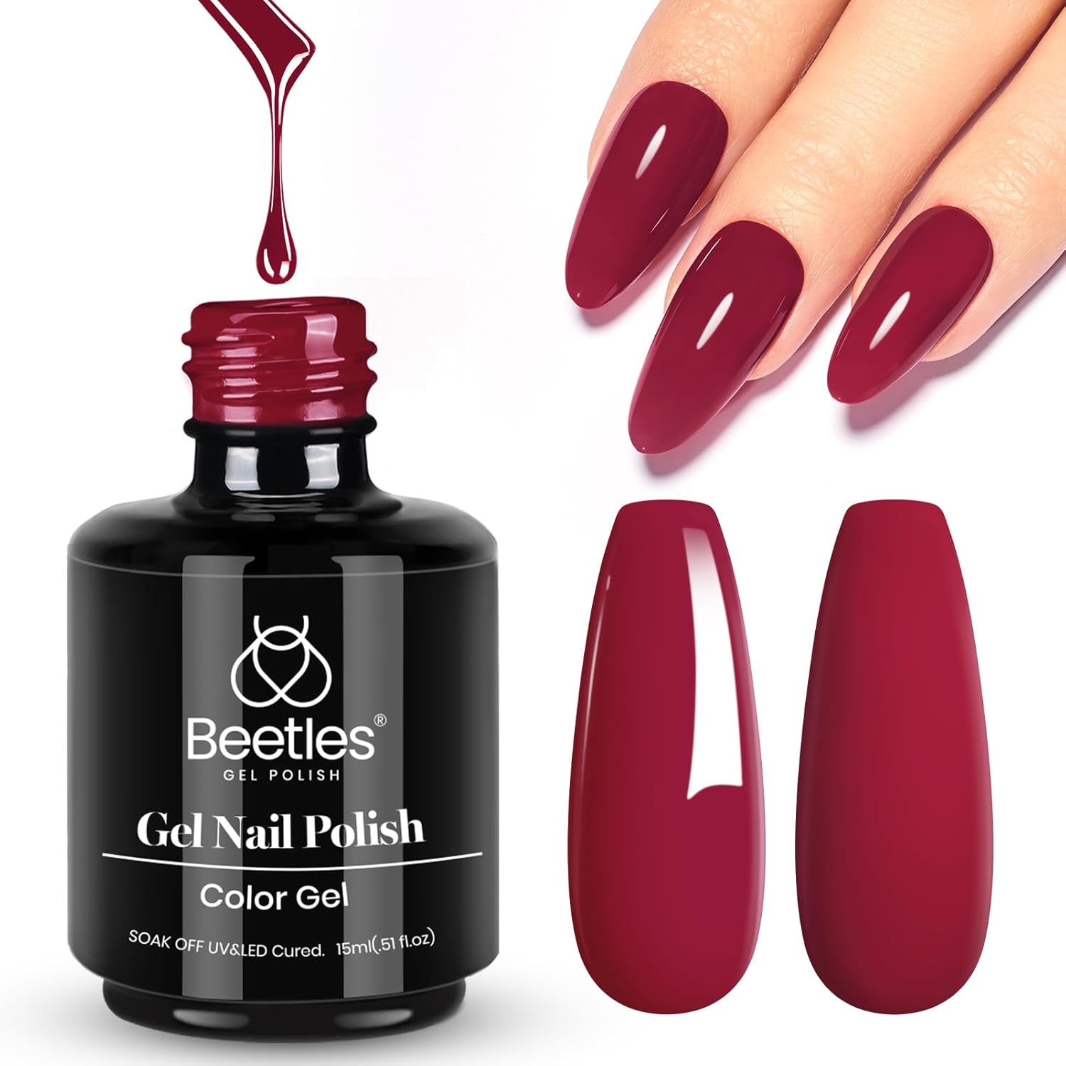 Beetles Red Gel Nail Polish, 1 Pcs 15ml Wine Red Burgundy Soak Off Gel Polish Nail Art Manicure Salon DIY Fall Design Decoration Home Uv Nail Lamp Needed-Velvo Beauty
