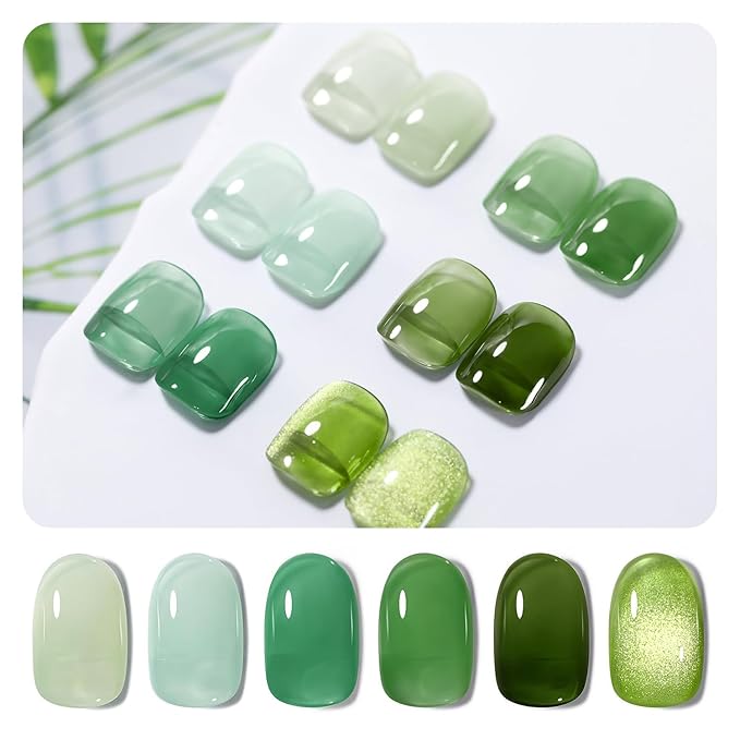 RARJSM Green Jelly Glass Gel Nail Polish Set 6pcs Clear Crytal Army Dark Jade Sage Green Transparent Sheer Amber Series Milky Diamond Cat Eye Gel Varnish LED UV Curing Requires-Velvo Beauty