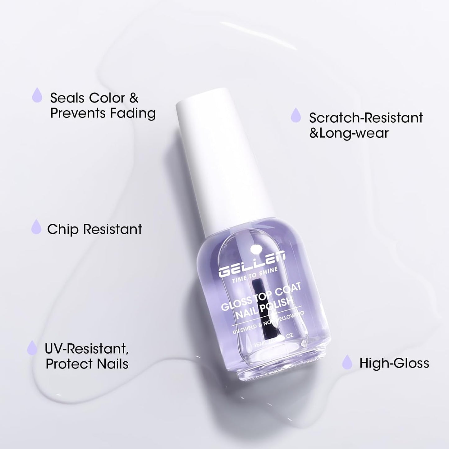 GELLEN Clear Nail Polish Top Coat, High Gloss Shine Top Coat Quick Air Dry UV-Resistant, Long Wear and Scratch Resistant, Chip Resistant, Protects Color & Nails, Non UV Gel, Hema Free, Non-toxic-Velvo Beauty