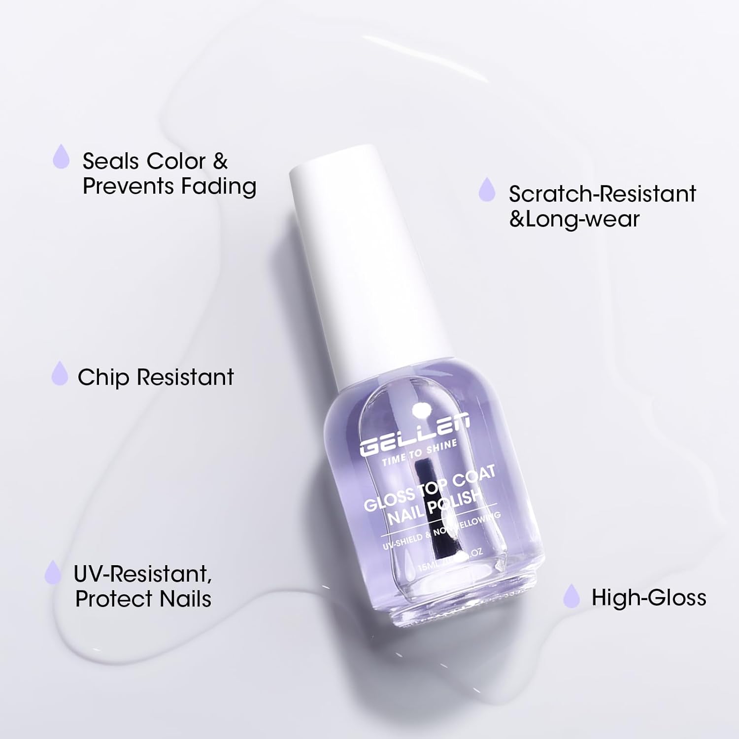 GELLEN Clear Nail Polish Top Coat, High Gloss Shine Top Coat Quick Air Dry UV-Resistant, Long Wear and Scratch Resistant, Chip Resistant, Protects Color & Nails, Non UV Gel, Hema Free, Non-toxic-Velvo Beauty
