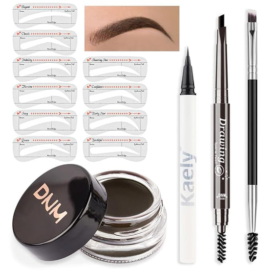evpct Eyebrow Stencils Kit for Women Shaping, Eyebrow Shaper Makeup Kit, Eye Brow Stencil Shaper Tinting kits for Women, with Eyeliner, Eyebrows Pencil, Pomade, Brush and 10 Stencils, Kit-01# EBONY-Velvo Beauty