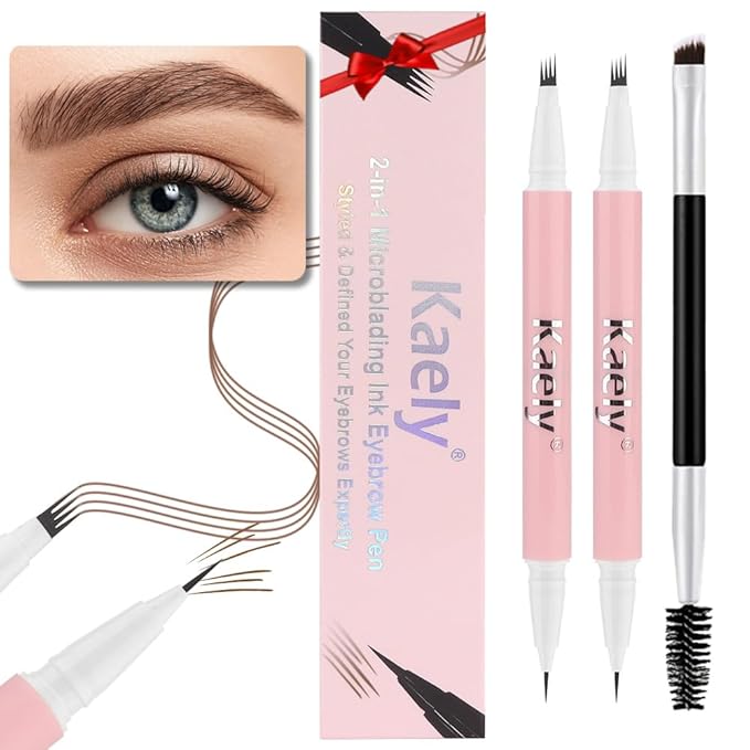 evpct 2Pcs Midium Brown Magic Microblading Dual-Ended Eyebrow Contouring Pen Brow Pencil, with 4 Brush Micro-Fork-Tips Applicator and Precise Brush-Tip Hair Like Stroke, Dual-ended Eyebrow Brush-Velvo Beauty