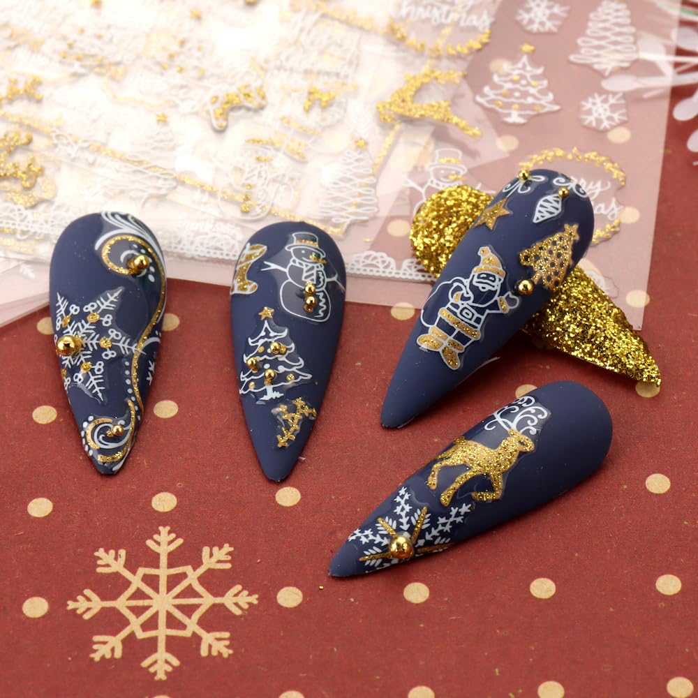 JMEOWIO 9 Sheets Christmas Nail Art Stickers Decals Self-Adhesive Pegatinas Uñas Bling Snowflake Snowman Holiday White Gold Nail Supplies Nail Art Design Decoration Accessories-Velvo Beauty