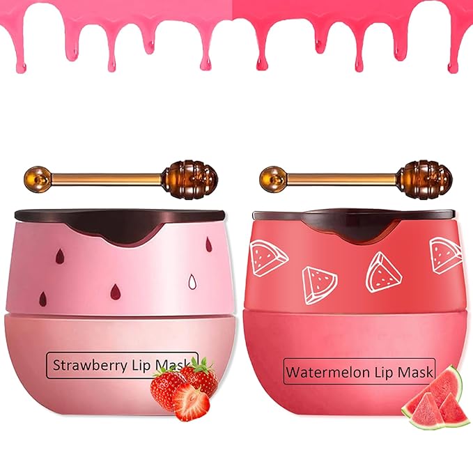 2 PCS Bee Lip Balm Honey Pot,Watermelon&Strawberry Lip Sleeping Mask Hydrating Prevention Dry and Cracked Lip Scrubs Exfoliator Lip Care,Lip Mask Overnight Reduces Lip Lines-Velvo Beauty