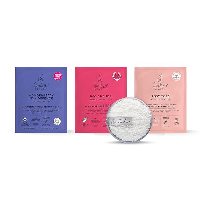 GLOWING AWAY Gifting Bundle | SKIN DEFENCE Sheet Mask | Rosy Toes - Foot Mask Instant Pedciure | Rosy Hands - Hand Mask Instant Manicure| Magic Cleanse™ Eco-friendly Cleansing Tool-Velvo Beauty