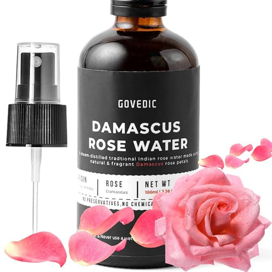 Govedic Rose Water Spray for Face Made with Damask Rose Petals, All-Natural Formula, No Dyes or Alcohol, Suitable for All Skin & Hair Types 100ml 3.38 Oz-Velvo Beauty
