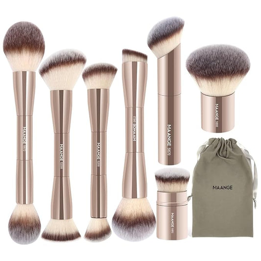 MAANGE 7pcs Makeup Brush Set Double Sided Kabuki Makeup Brushes Contour Brush for Foundation Liquid Powder Concealer Cream Cosmetics Bronzer Blending Blush Buffing Makeup Tools (Gold)-Velvo Beauty