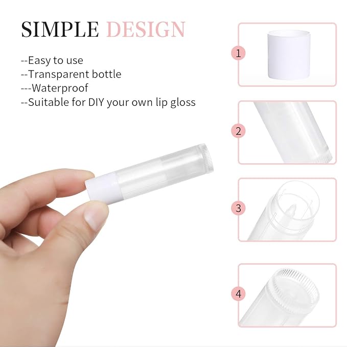 100 Sets Empty Lip Balm Tubes Bulk Round with White Caps for DIY Lipstick homemade, 3/16 Oz (5.5 ml), Clear, BPA Free, 100 Tubes and 100 Caps-Velvo Beauty