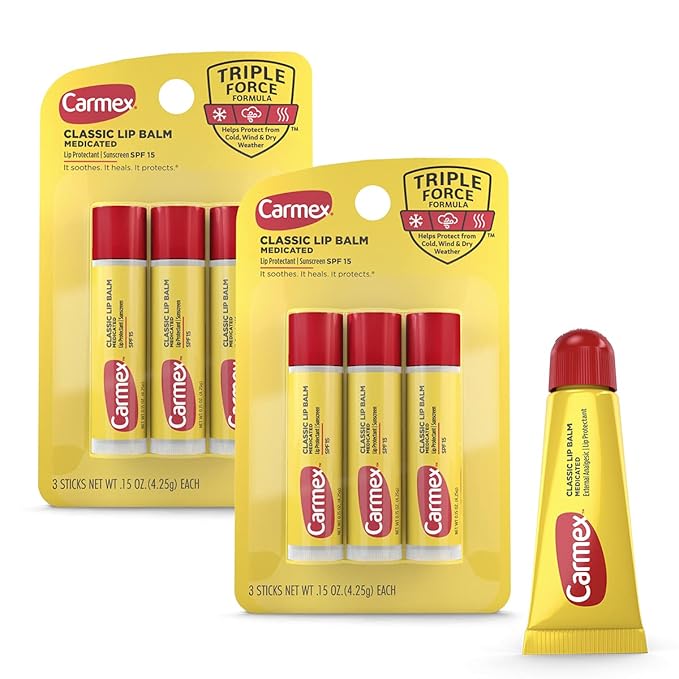 Carmex Medicated Lip Balm Sticks, Lip Moisturizer for Dry, Chapped Lips, 0.15oz, 3 Count (2 Packs) plus 1 Count Carmex Lip Balm Tube, 0.35oz-Velvo Beauty