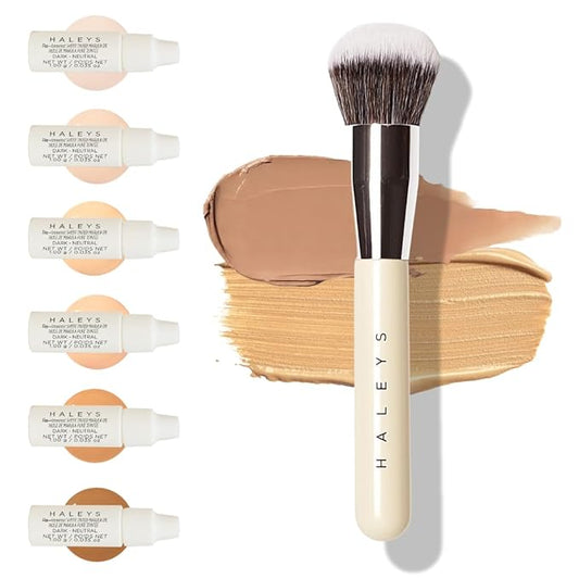 HALEYS Kabuki Makeup Brush + GWP Skin Tint Mini, VEGAN+CRUELTY-FREE, Sustainable Wood, Vegan Bristles for Airbrushed Finish, For Creams, Liquids, Powder, Streak-free, Perfect Blending, Buffs, Blurs-Velvo Beauty
