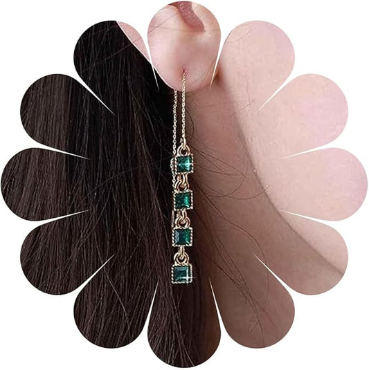 Vintage Crystal Emerald Threader Earrings Emerald Square Stud Earrings Long Chain Tassel Dangle Earrings Gold Bar Pull Through Earrings Jewelry for Women-Velvo Beauty