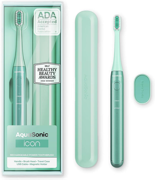 Aquasonic Icon ADA-Accepted Rechargeable Toothbrush | Magnetic Holder & Slim Travel Case | 2 Brushing Modes & Smart Timers | Gentle Micro-Vibrations (Mint)-Velvo Beauty