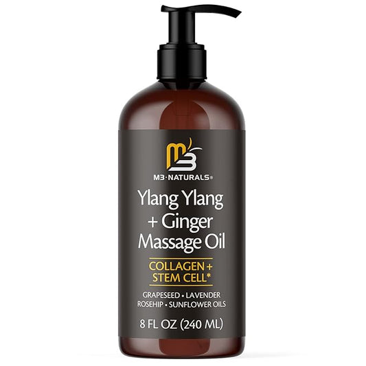 Ylang Ylang + Ginger Lymphatic Drainage Massage Oil – with Collagen & Stem Cells for Circulation, Detox & Cellulite Removal – Body Oil for Muscle Relief, Skin Firming & Relaxation – 8oz by M3 Naturals-Velvo Beauty