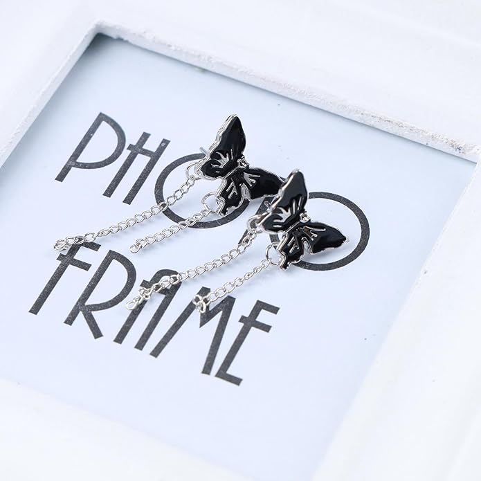 Vintage Butterfly Stud Earrings Silver Chain Tassel Dangle Earrings Black Butterfly Earrings Layer Chain Drop Earrings Jewelry for Women-Velvo Beauty