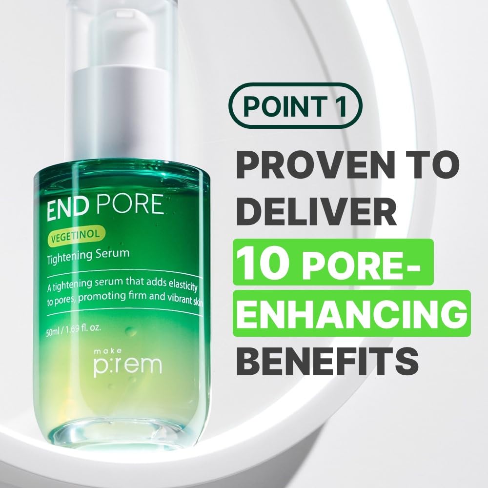 MAKE P:REM End Pore Vegetinol Tightening Serum, Pore Tightening Bakuchiol Serum with Vegan Collagen and Vitamin B Complex for Sensitive Skin, Korean Skin Care, 1.69 Fl. Oz, 50ml-Velvo Beauty