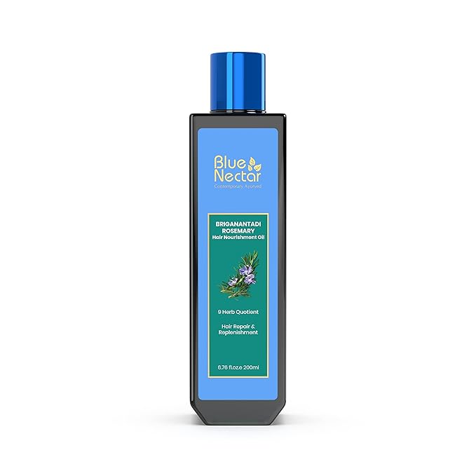 Blue Nectar Rosemary Oil with Bhringraj, Amla and 9 Herbs for Natural Hair Growth (6.76 Fl Oz)-Velvo Beauty