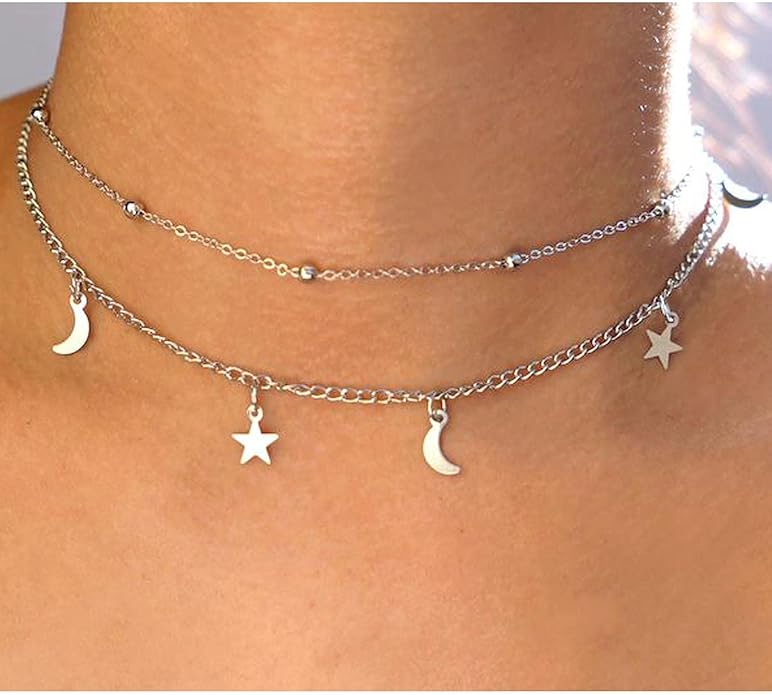 Boho Star Moon Necklace Choker Gold Layered Star Choker Necklace Crescent Moon Necklace Celestial Necklace Chain Festival Jewelry for Women and Girls-Velvo Beauty