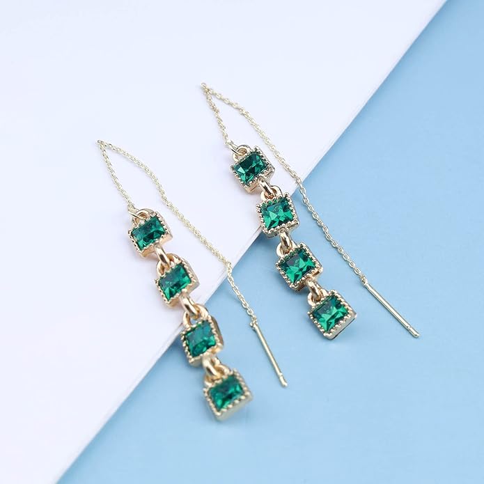 Vintage Emerald Crystal Threader Earrings Green Gem Drop Earrings Emerald Cz Square Earrings Gold Long Emerald Chain Earrings Jewelry for Women-Velvo Beauty