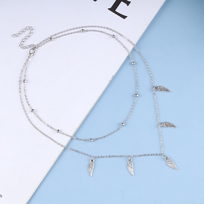 Vintage Layered Wing Dangle Necklace Angel Wing Pendant Necklace Tiny Wing Choker Necklace Silver Angel Wing Necklace Jewelry for Women-Velvo Beauty