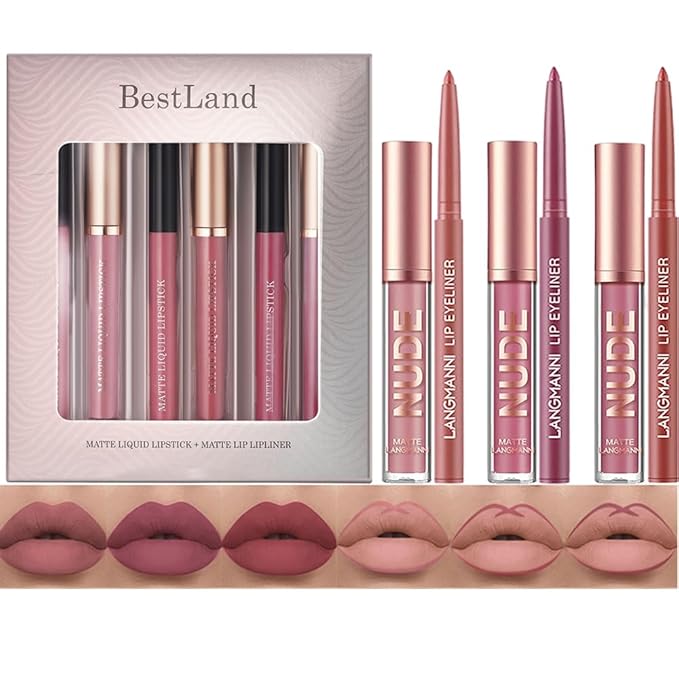 BestLand 6Pcs Matte Liquid Lipstick + Lip Liner Pens Set, One Step Lips Makeup Kits Pigment Velvety Nude Lip Stain Waterproof Long Wear Lip Gloss Make up Gift Set (Classic Allure Set)-Velvo Beauty