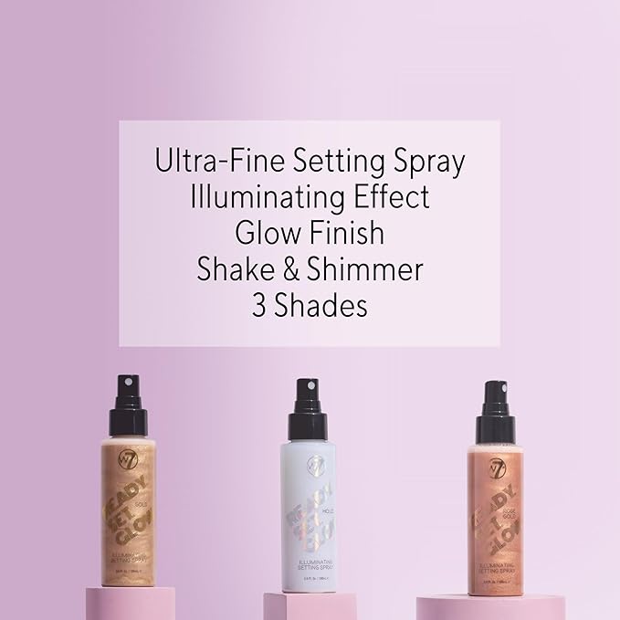 W7 Ready Set Glow Trio - 3 Piece Set - Makeup Setting Spray - Shimmer Finish - Long-Lasting, Ultra-Fine Formula (Rose Gold, Gold & Holo)-Velvo Beauty