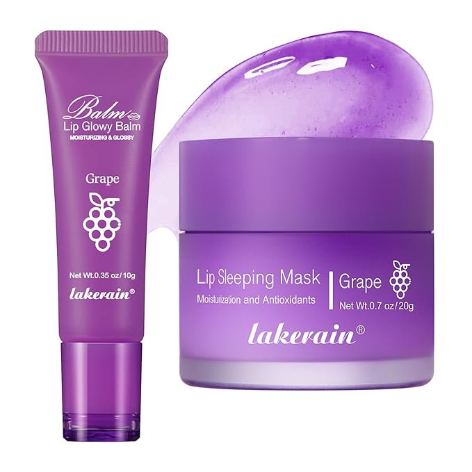 2Pcs Lip Glowy Balm and Lip Sleeping Mask Set, with 4 Flavor Options - Reduce Lip Lines, Enhance Lip Color, Hydrate & Plump Dry Chapped Lips Care (Grape)-Velvo Beauty