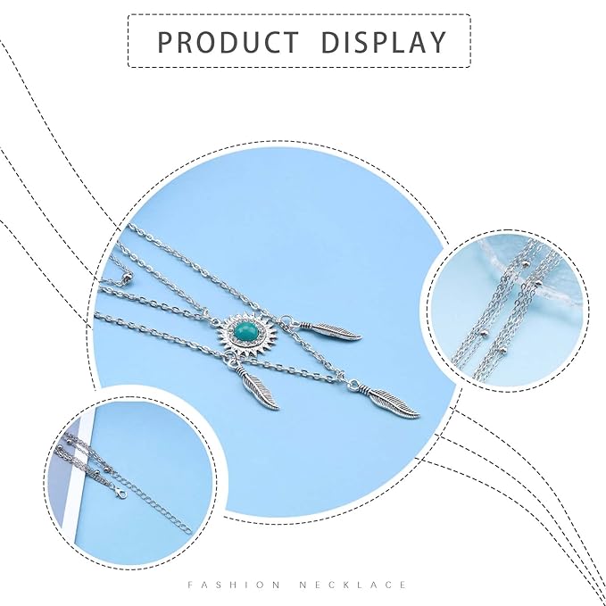 Boho Layered Feather Choker Necklace Turquoise Pendant Necklace Chain Vintage Crystal Paved Sun Necklace Silver Sunflower Necklace Jewelry for Women and Girls-Velvo Beauty