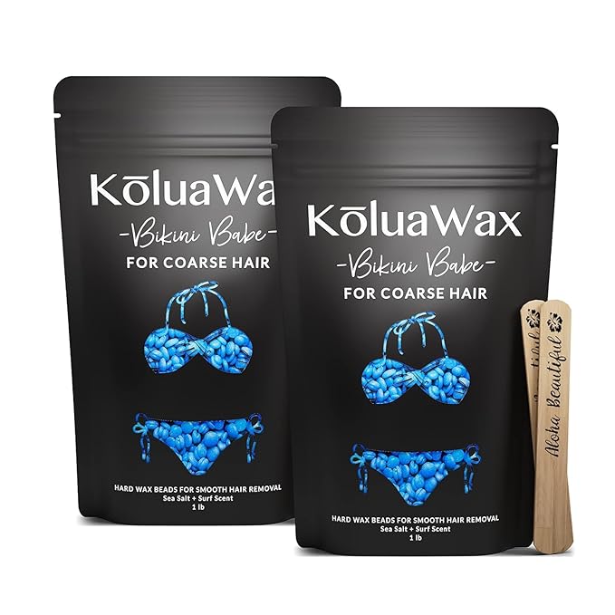 KoluaWax Hard Wax Beads for Hair Removal – Coarse Hair Formula – Face, Brazilian, Underarms, Back Chest, Bikini Waxing – Sea Salt & Surf, 1lb Refill for Wax Warmers & 10 Large Applicator Sticks 2 Pack-Velvo Beauty