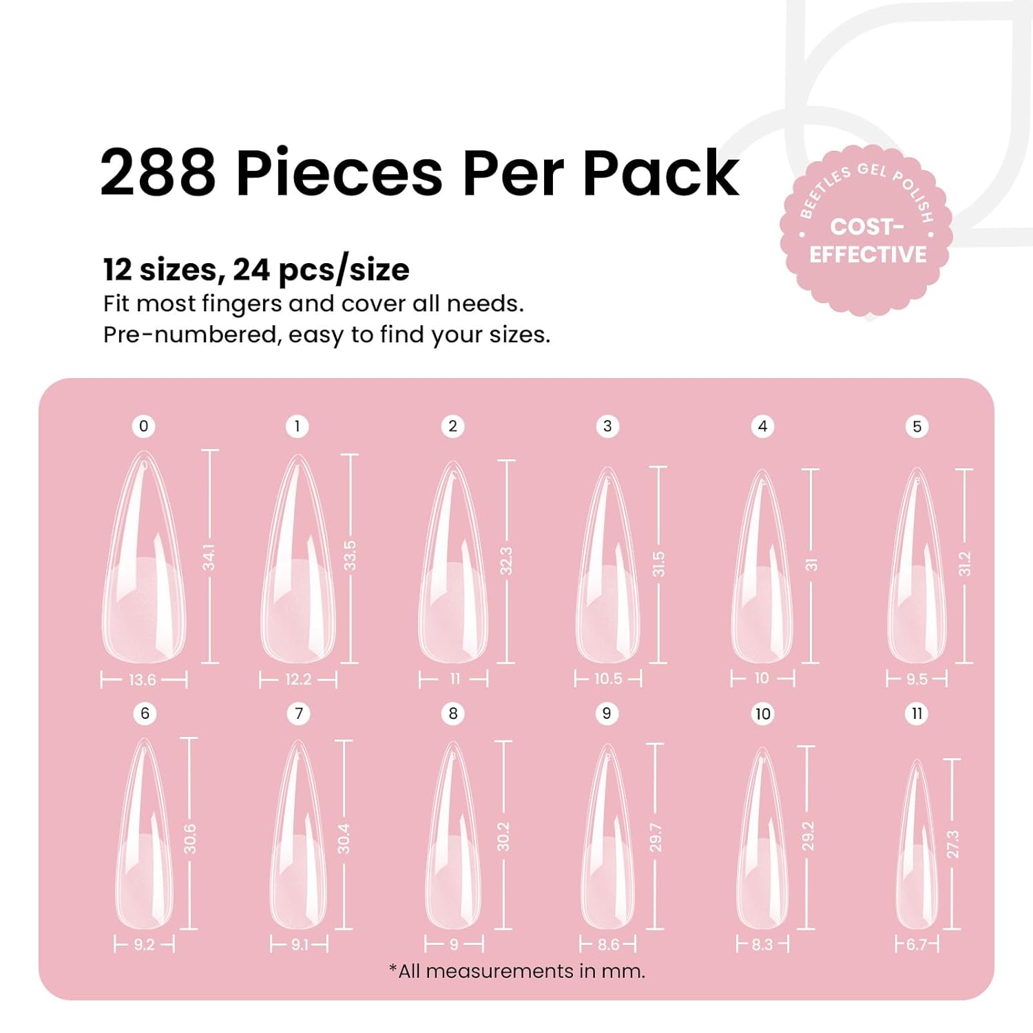 Beetles Gel Nail Tips Etch-X, Stiletto Medium, 288Pcs 12 Sizes, Pre-Etched Half Matte Full Cover Soft Acrylic False Nail Tips Pre-Shaped Easy DIY Fall Halloween Nail Extension Salon Gift for Women-Velvo Beauty