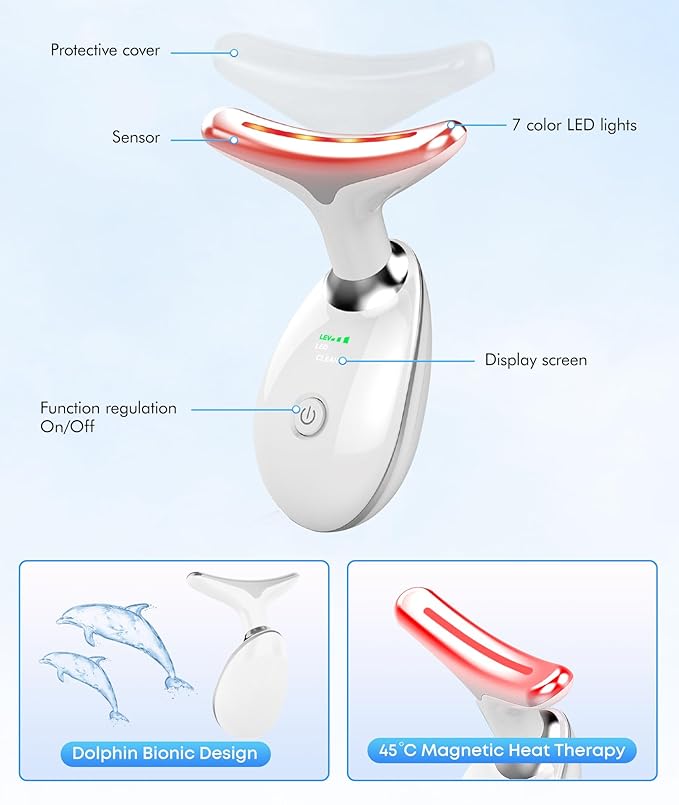 Red-Light-Therapy-for-Face-and-Neck, 7 Color Face Massager Tool for Wrinkles, Double Chin, Vibrating Facial Massager with Thermals for Skin Care, Glossy White-Velvo Beauty