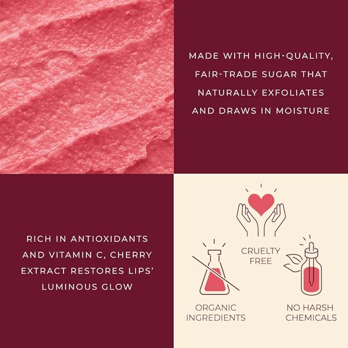 Lip Exfoliator Scrub and Lip Treatment - Gentle Lip Repair for Dry Cracked Lips and Lip Scrubs Exfoliator and Moisturizer - All Naturals Lip Brightening for Dark Lips (Cherry Honey)-Velvo Beauty