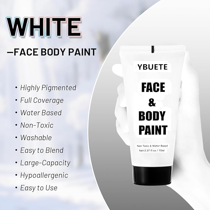 White Water Based Face Body Paint, 2.37 OZ Washable Large Tube Full Coverage Face Paint Cream for Adult Carnival Cosplay Halloween SFX Skull Joker Zombie Vampire Skeleton Goth Makeup-Velvo Beauty