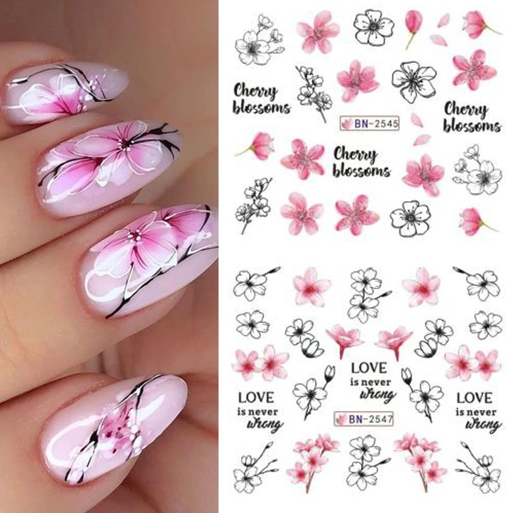 Cherry Blossom Nail Art Stickers - Pink Sakura Water Transfer Foils Decals, Spring Flower Supplies Wrap, Holographic Floral Pattern Acrylic Stickers for Women - 12 Sheets-Velvo Beauty
