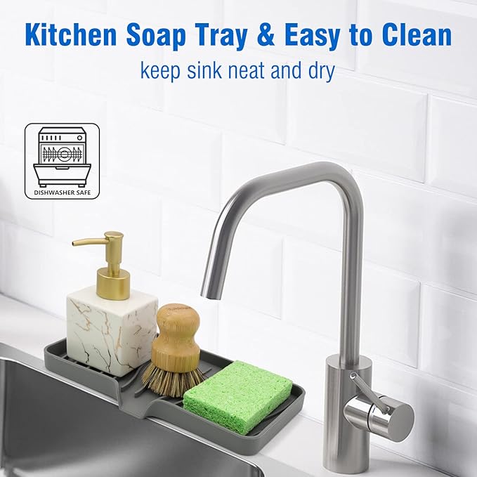 3-Pack Silicone Soap Dish, Sponge Holder for Sink, Kitchen Soap Tray, Bathroom Soap Holder, Sponge Tray with Drain (Grey)-Velvo Beauty