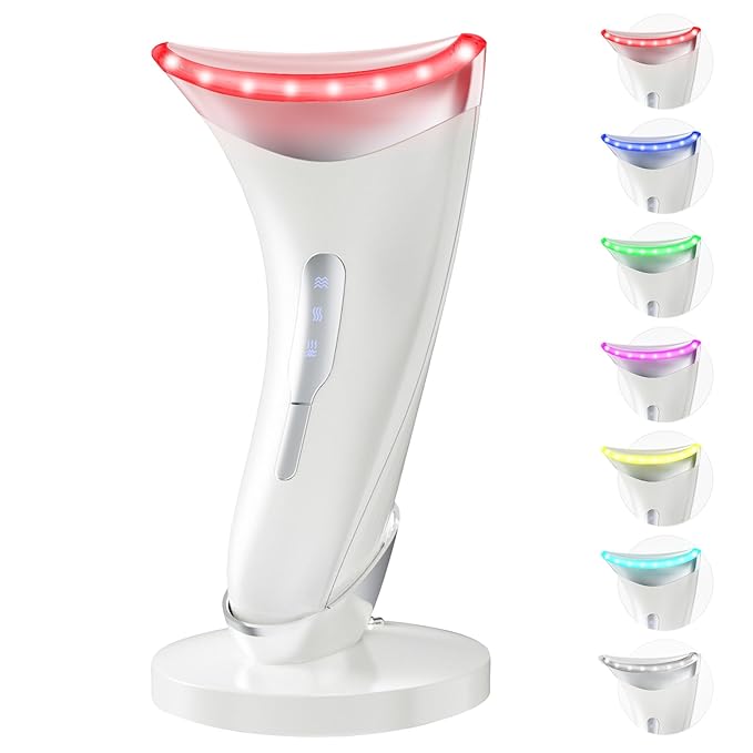 Red Light Therapy for Face and Neck, 7 Color Facial Massager with Adjustable Vibration and Thermals for Wrinkles, Double Chin, Portable Skin Care Tool with Base, White-Velvo Beauty