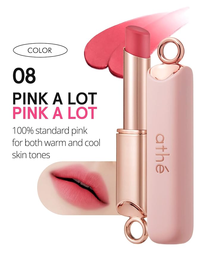 ATHÉ Authentic Airy Lip Balm 08 PINK A LOT, Korean Vegan Color Lip Blam, Flake-Free Slim Fit Lips, Silky Powdery Finish & Air-like Blurring with Vibrant Colors, 0.11oz.-Velvo Beauty