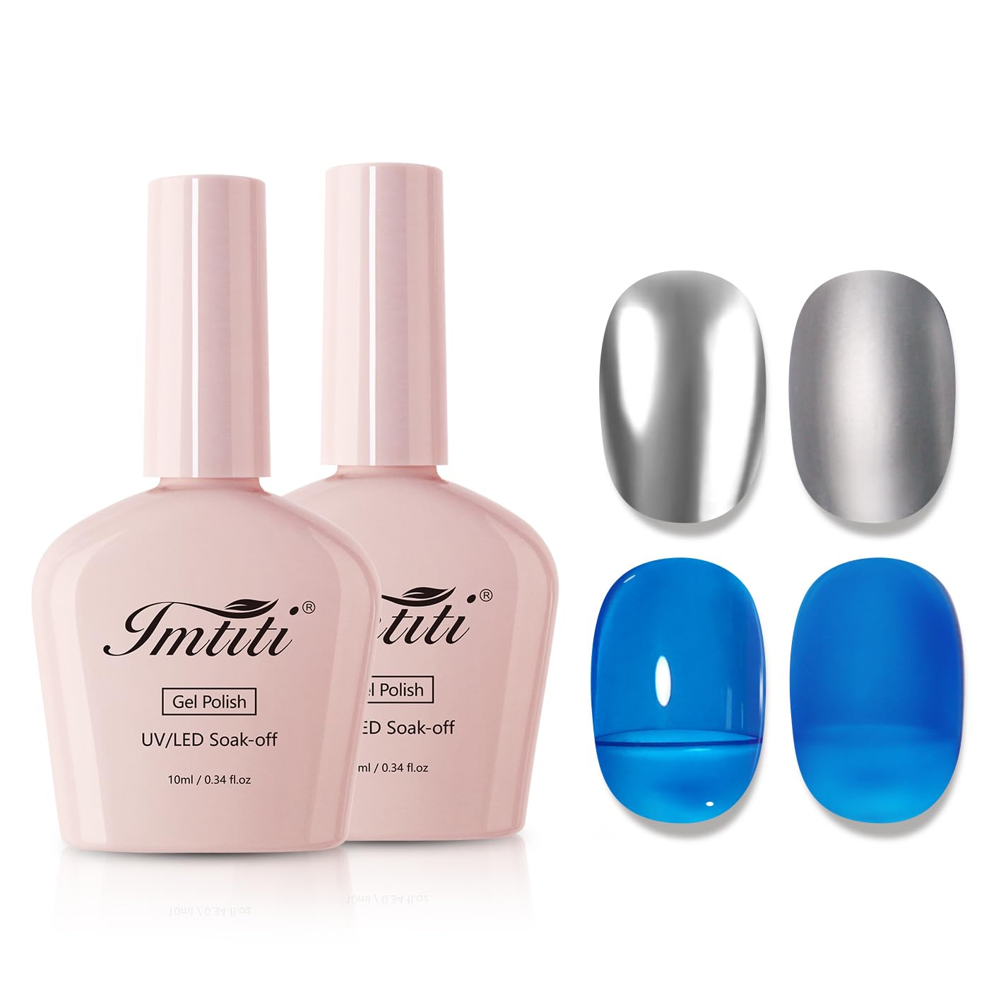 Imtiti Metallic Gel Nail Polish Set, 2 Pcs 10ml Chrome Mirror Shine GEl POlish & Sky Blue Jelly GEL Soak Off UV LED Spring Summer Art Manicure Salon DIY Design Kit-Velvo Beauty