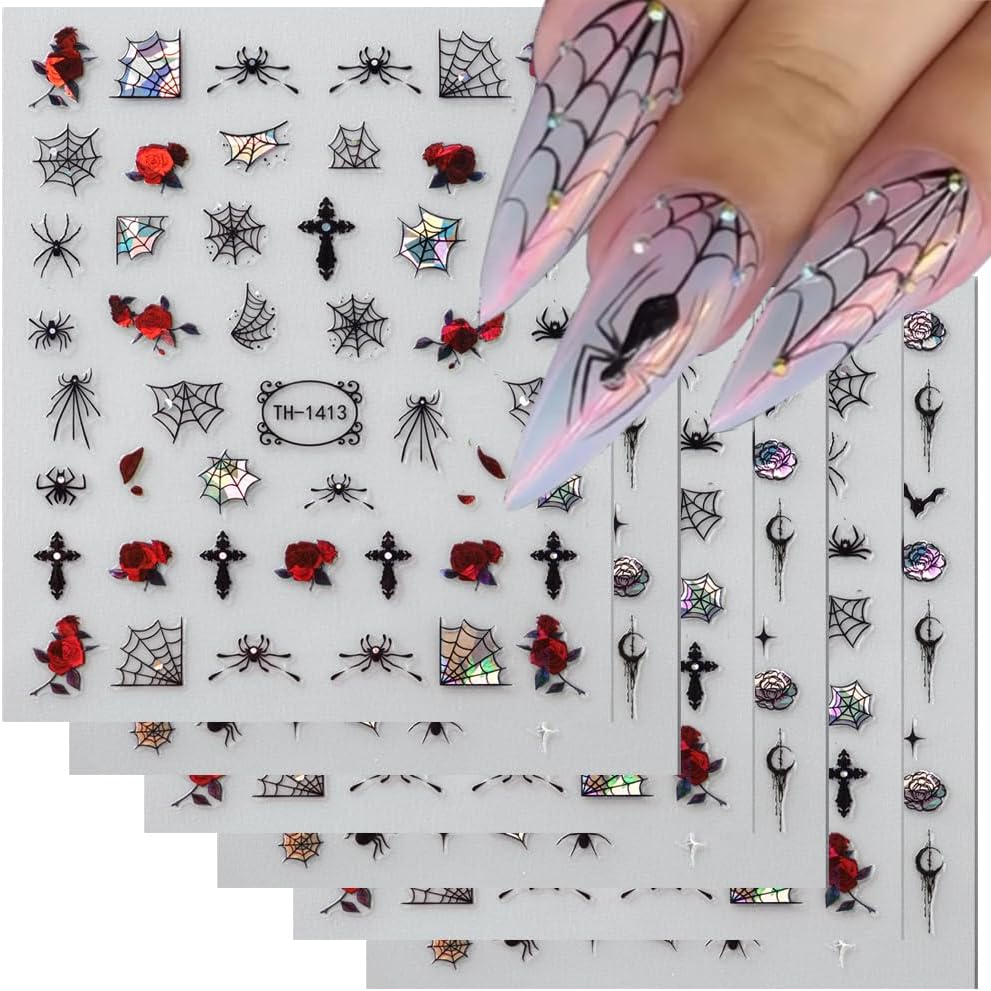 6 Sheets Halloween Nail Stickers Decals, 3D Spider Nail Sticker Decoration Self-Adhesive Colorful Red Rose Flowers Spider Web for Nails Stickers DIY Manicure Art Halloween Decoration-Velvo Beauty