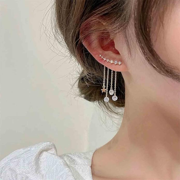 Boho Star Ear Jacket Earrings Gold Cz Star Ear Climber Earrings Crystal Chain Tassel Earrings Crystal Ear Crawler Long Chain Earrings Jewelry for Women and Girls Gifts-Velvo Beauty