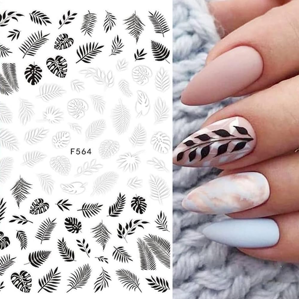 10 Sheets Black White Leaves Flower Nail Art Stickers 3D Self-Adhesive Retro Floral Vine Pattern Nail Decals Tropical Plants Mandala Leaf Geometry Transfer Decals Nail Art Decorations for Women Girls-Velvo Beauty