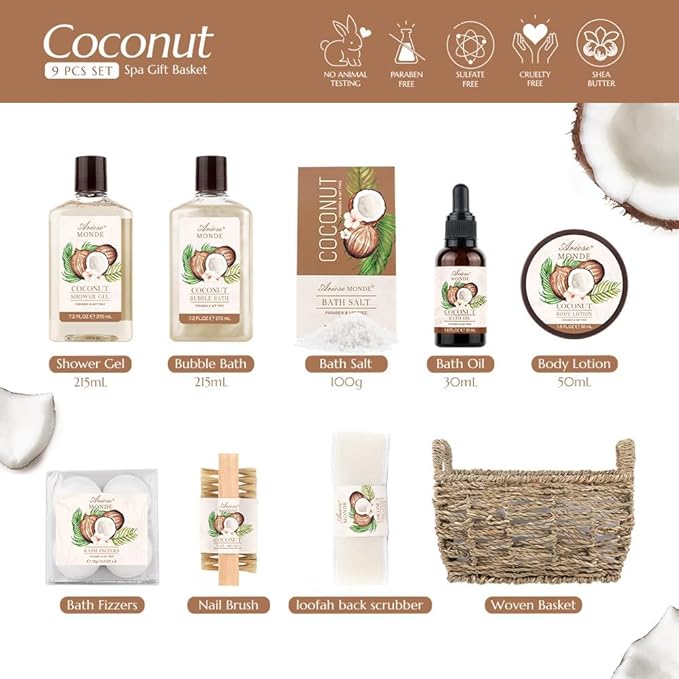 Bath & Shower Spa Basket Gift Set, Coconut Scent, with Shower Gel, Bubble Bath,Body Lotion, Bath Bomb,Bath Salt, Bath and Body Gift Box for Women-Velvo Beauty