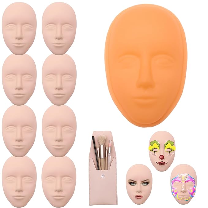 Silicone Makeup Practice Face, 8 Makeup Mannequin Face, 1 Makeup Practice Face Board for Beginner to Training or Practice Make up, Face Paint, Permanent Makeup, Tattoo, Art Creation (Set2)-Velvo Beauty