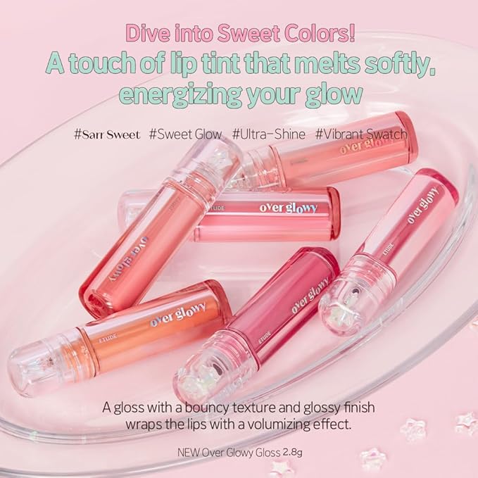 ETUDE Over Glowy Lip Gloss #2 Cotton Candy | Non-Sticky Vegan Lip Tint | Moisturized & Long-lasting Lip Gloss | Daily Tint for Dry Lips, Korean Makeup, K-beauty, Perfect for Gift-Velvo Beauty