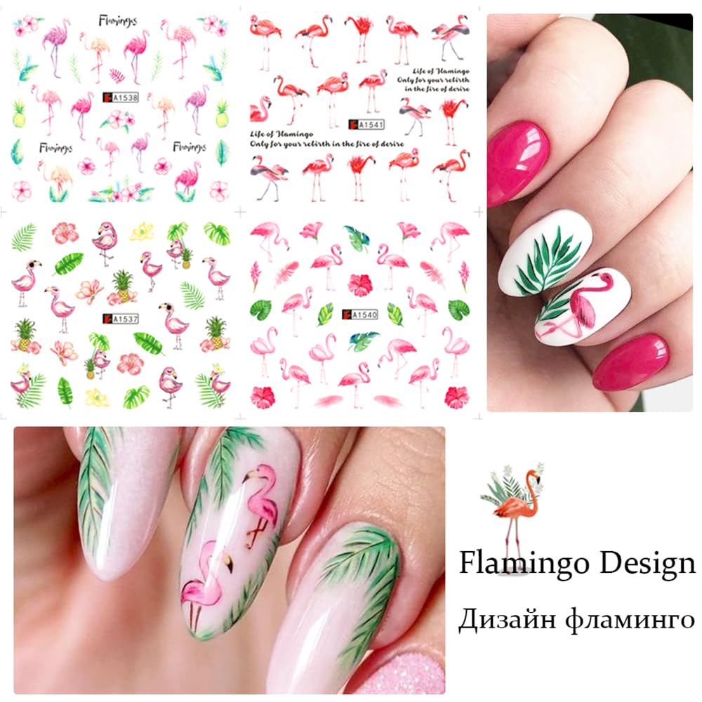 12 Sheet Flamingo Nail Art Stickers Cute Flamingo Green Leaf Design Water Transfer Nail Decals Summer Nail Art Decorations Waterproof Acrylic Nail Stickers for Women DIY Manicure Tips-Velvo Beauty