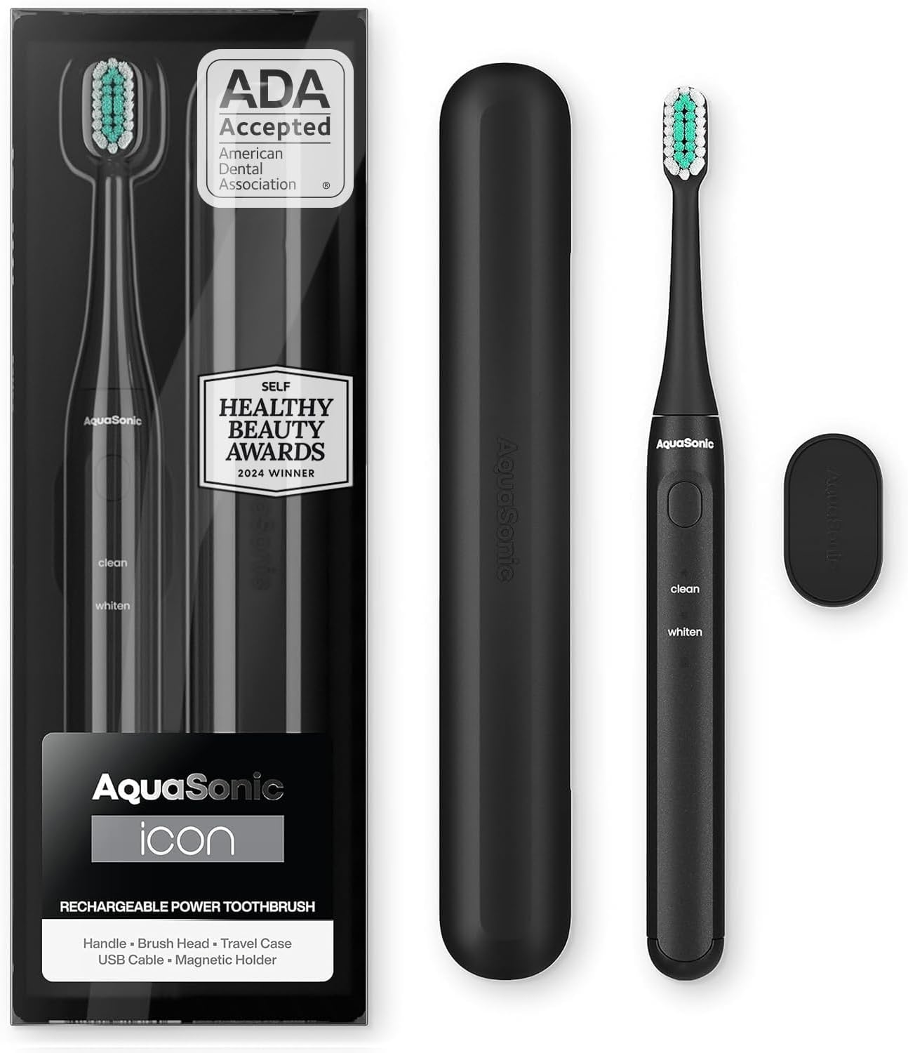 Aquasonic Icon ADA-Accepted Rechargeable Toothbrush | Magnetic Holder & Slim Travel Case | 2 Brushing Modes & Smart Timers | Gentle Micro-Vibrations(Onyx)-Velvo Beauty